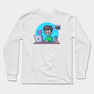 Male working on computer with cat cartoon Long Sleeve T-Shirt